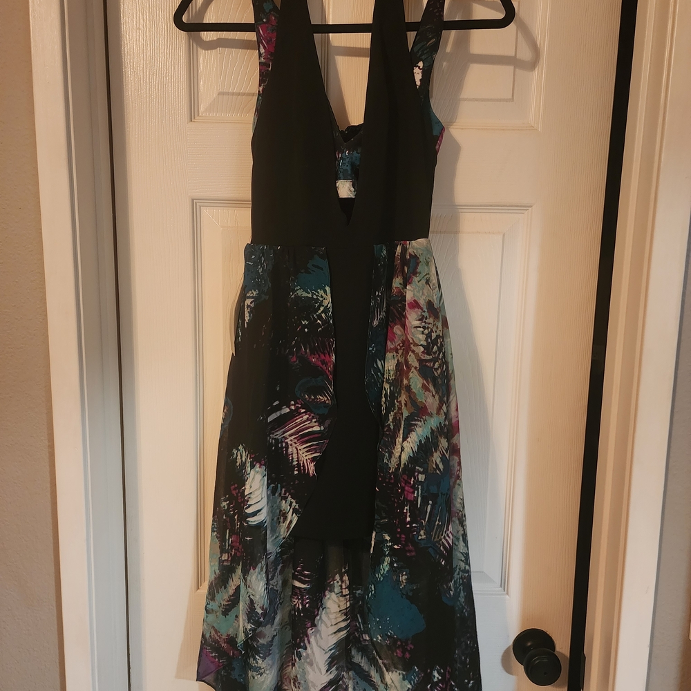 bebe Black V-Neck High-Low Dress with Teal and Purple Print